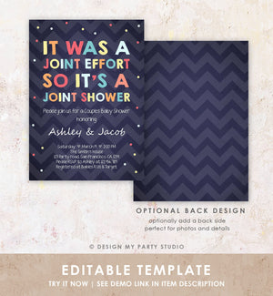 Editable Couples Baby Shower Invitation Coed Baby Shower Joint Funny Navy Confetti Neutral Instant Download Printable Template Corjl 0181