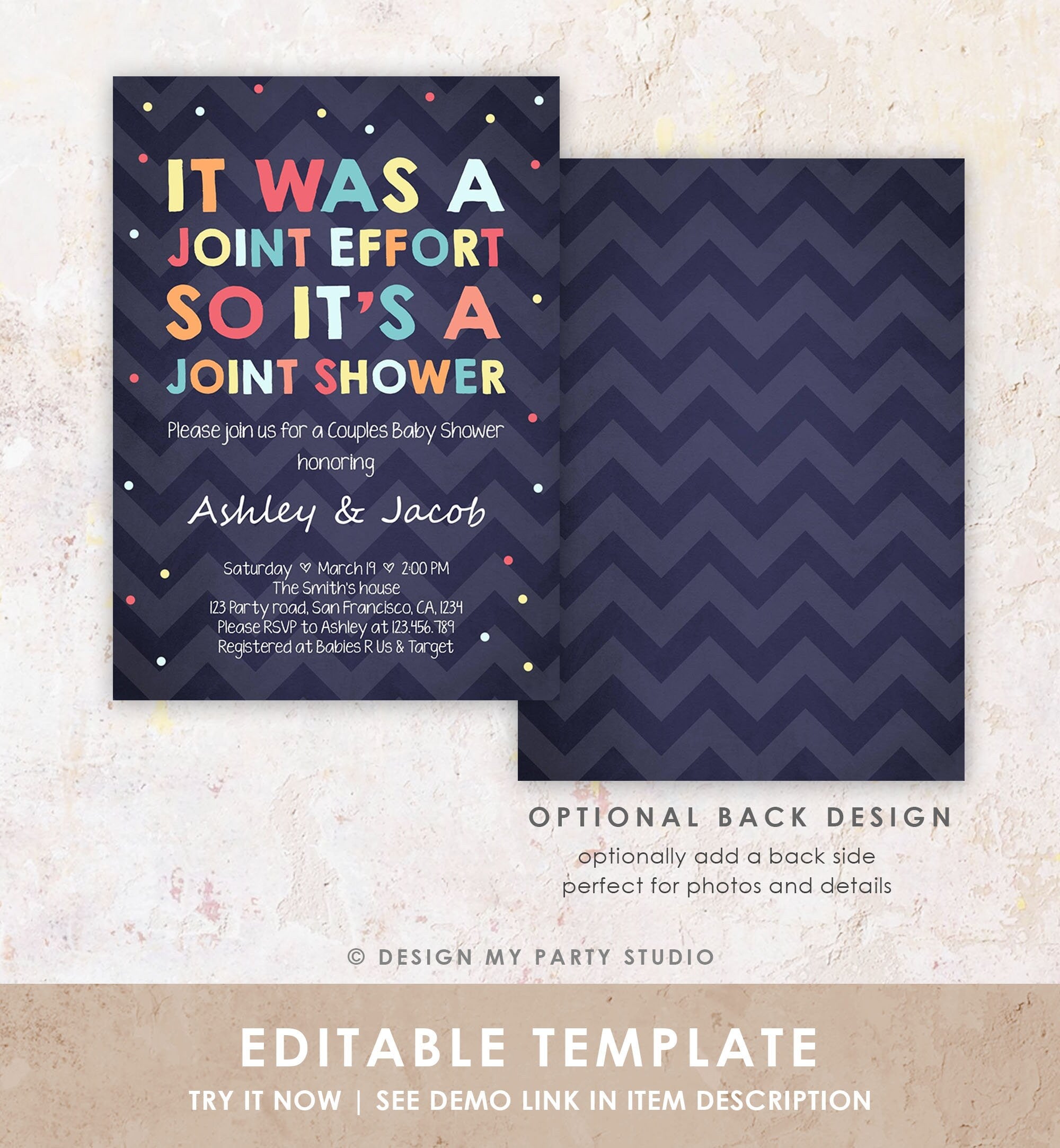 Editable Couples Baby Shower Invitation Coed Baby Shower Joint Funny Navy Confetti Neutral Digital Download Template Printable 0181