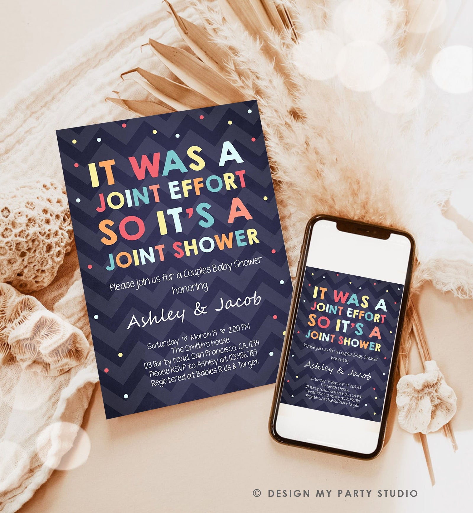 Editable Couples Baby Shower Invitation Coed Baby Shower Joint Funny Navy Confetti Neutral Digital Download Template Printable 0181