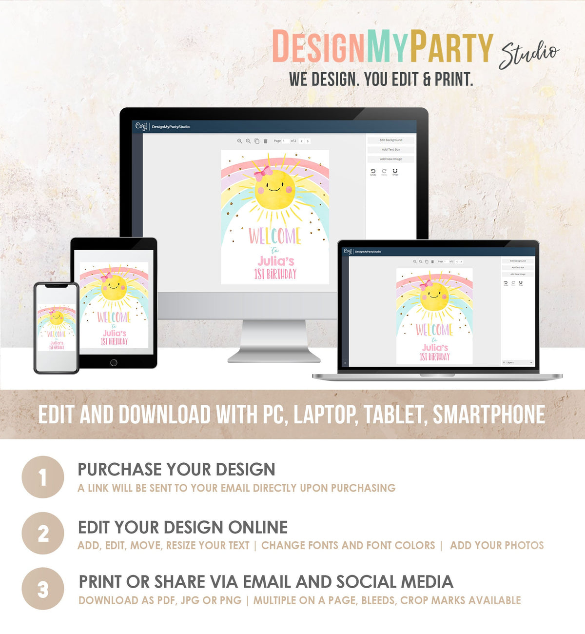 Editable Sunshine and Rainbow Welcome Sign Sunshine Birthday Party Pink Girl Pastel Rainbow Party Summer Gold Template PRINTABLE Corjl 0402