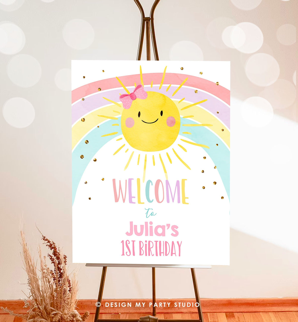 Editable Sunshine and Rainbow Welcome Sign Sunshine Birthday Party Pink Girl Pastel Rainbow Party Summer Gold Template PRINTABLE Corjl 0402