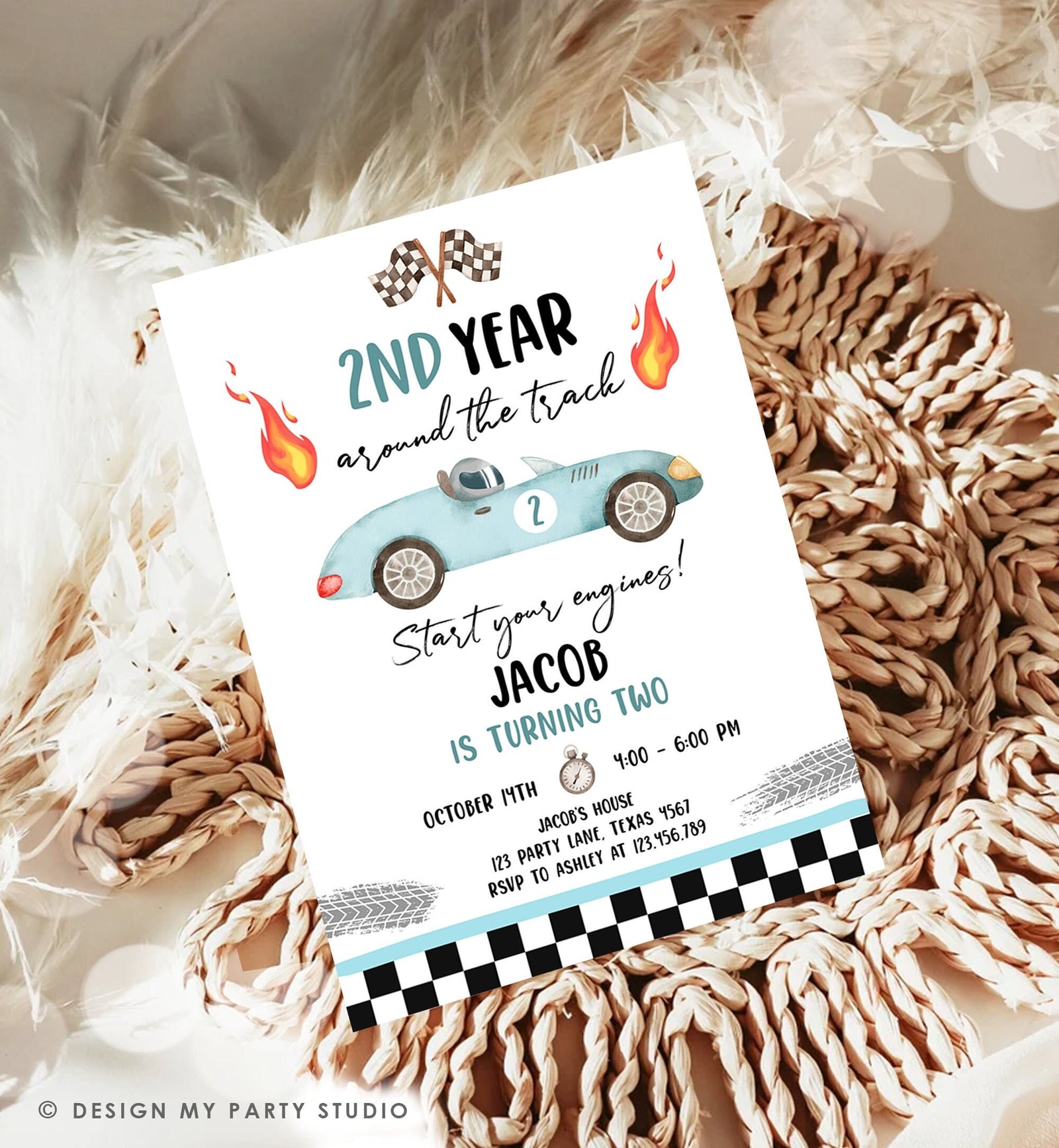 Editable 2nd Year Around the Track Birthday Invitation Boy Blue Two Fast Party Race Car Second Birthday Racing Evite Template Printable 0424