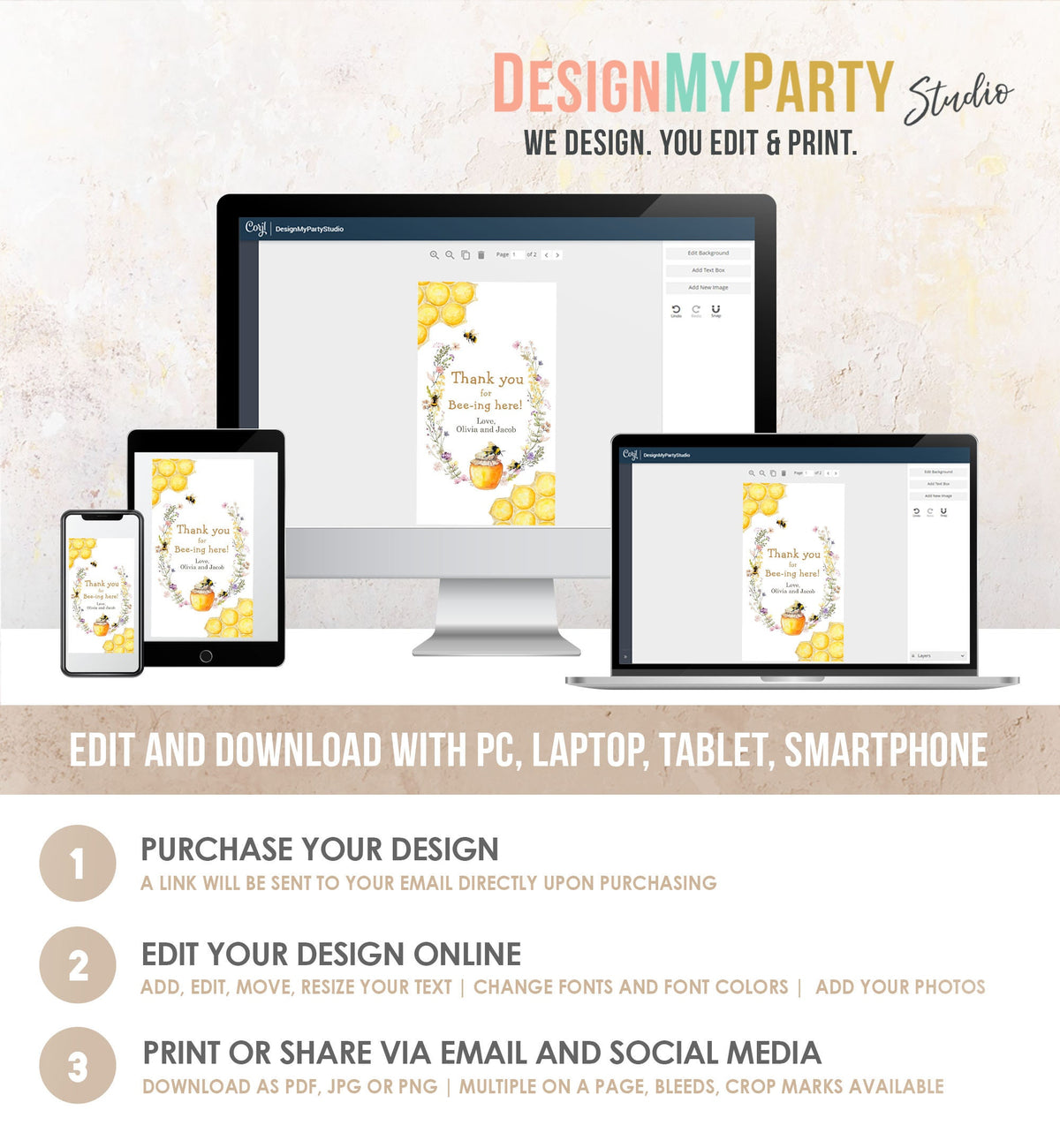 Editable Rustic Bee Favor Tags Bee Gender Reveal Baby Shower Honey Bee Birthday Thank You for Bee-ing Here Tag Template PRINTABLE Corjl 0502