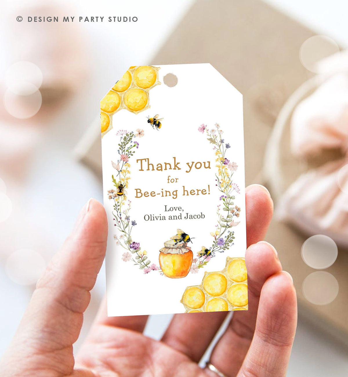 Editable Rustic Bee Favor Tags Bee Gender Reveal Baby Shower Honey Bee Birthday Thank You for Bee-ing Here Tag Template PRINTABLE Corjl 0502