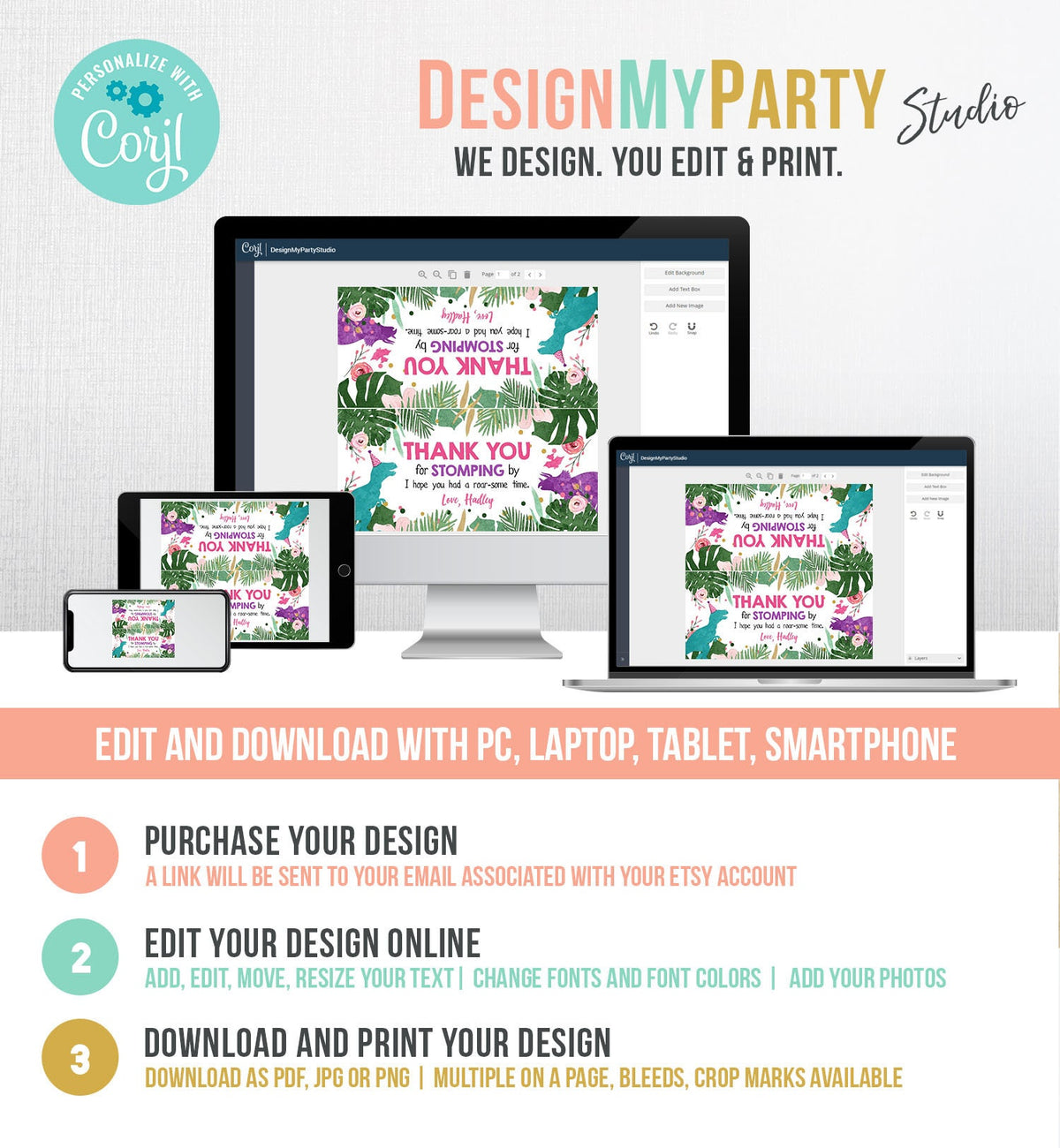 Editable Dinosaur Treat Bag Toppers Girl Pink Colored Dinosaur Birthday Thank You for Stomping By Favor Bag Corjl Template Printable 0146