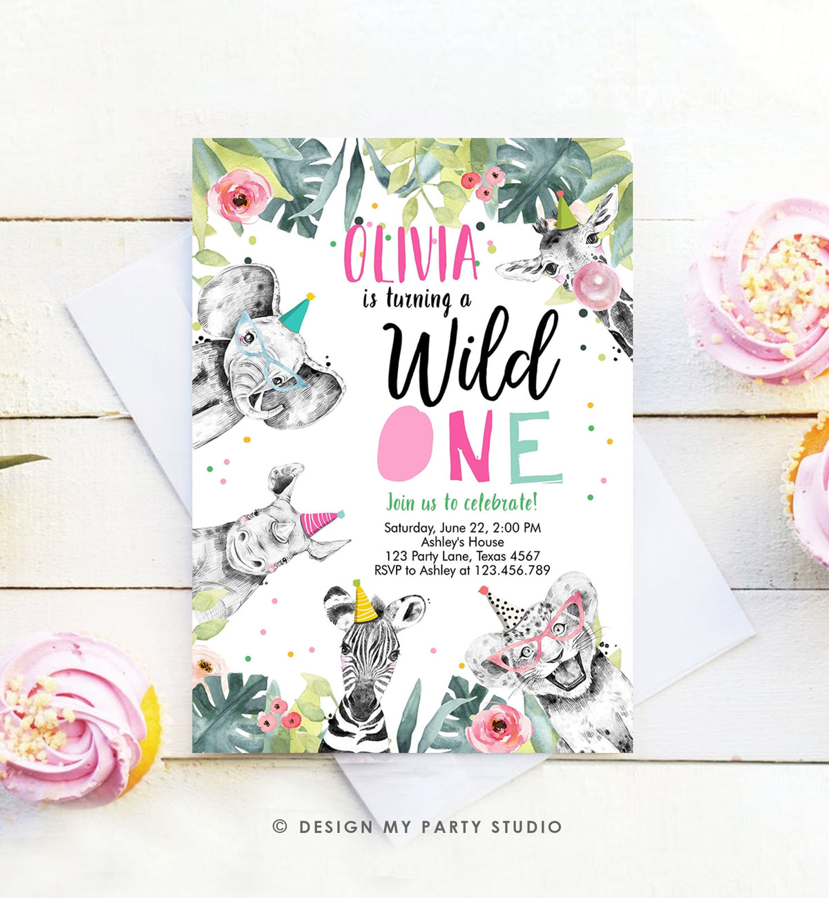 Editable Wild One Birthday Invitation Girl Safari Animals Invite Pink and Gold Party Animals Download Printable Template Corjl Digital 0322