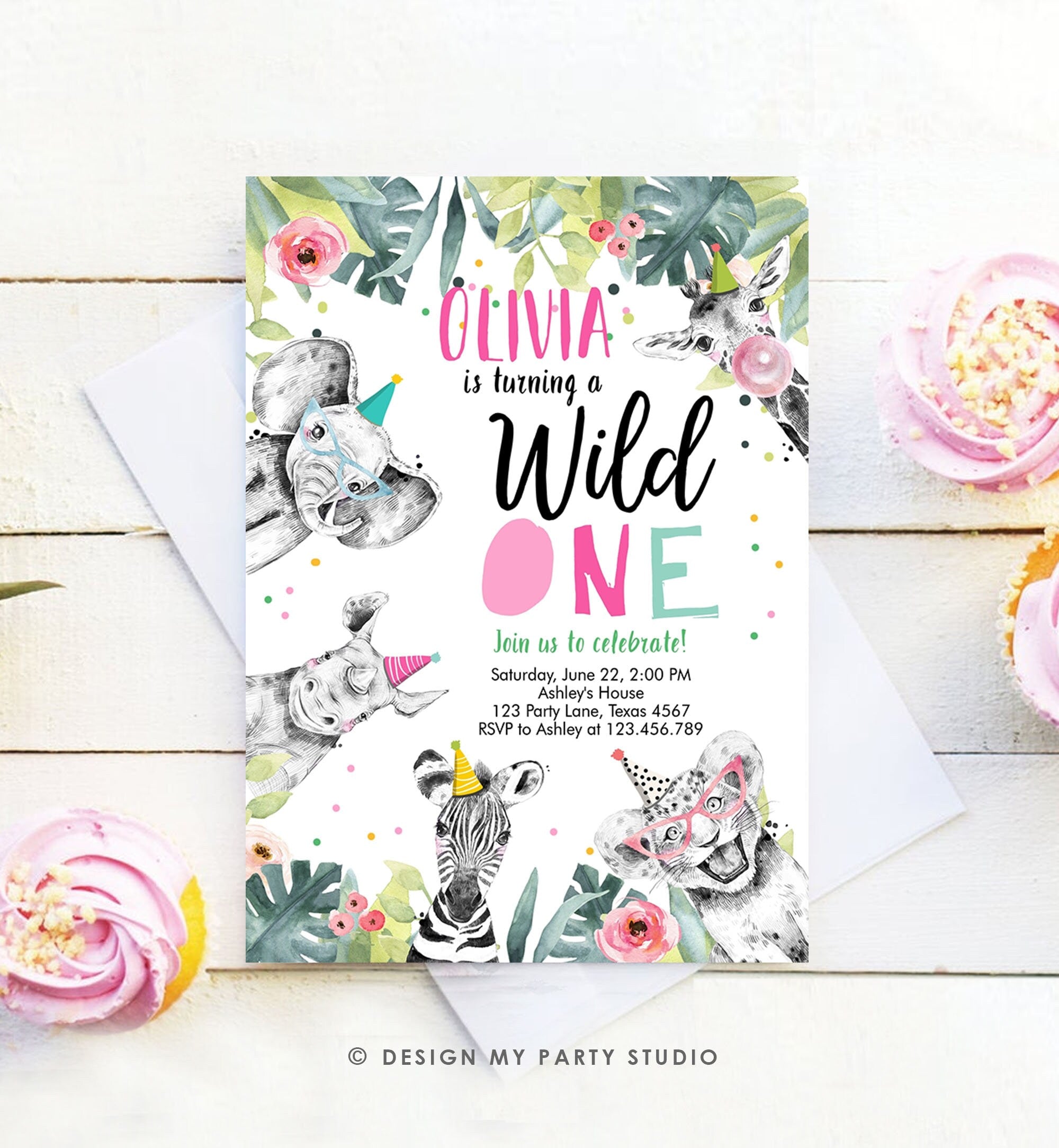 Editable Wild One Birthday Invitation Girl Safari Animals Invite Pink and Gold Party Animals Download Printable Template Corjl Digital 0322