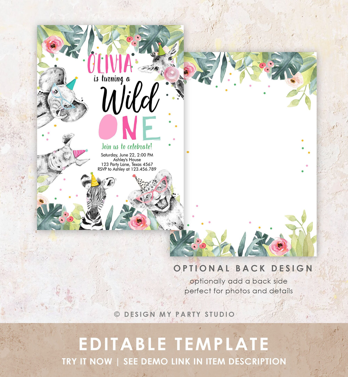 Editable Wild One Birthday Invitation Girl Safari Animals Invite Pink and Gold Party Animals Download Printable Template Corjl Digital 0322