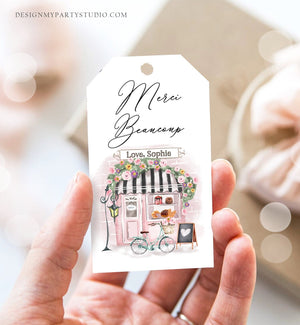 Editable Paris Birthday Favor Tag Merci Beaucoup French Patisserie Parisian Cafe French Baby Shower Gift Tag Digital Corjl Template 0441