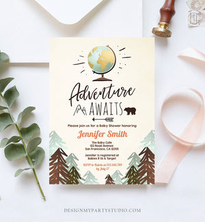 Editable Adventure Awaits Baby Shower Invitation Forest Woodland Vintage Globe Travel Around the World Digital Corjl Template Printable 0044