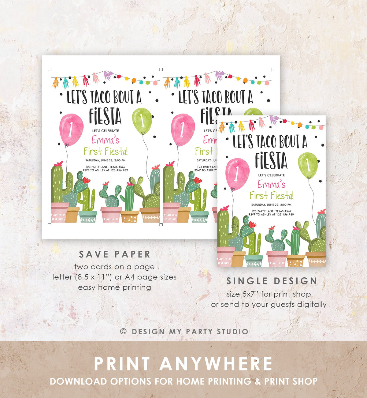 Editable Taco Bout a Fiesta Birthday Invitation ANY AGE Cactus Succulent 1st First Birthday Party Girl Pink Digital Template Printable 0254