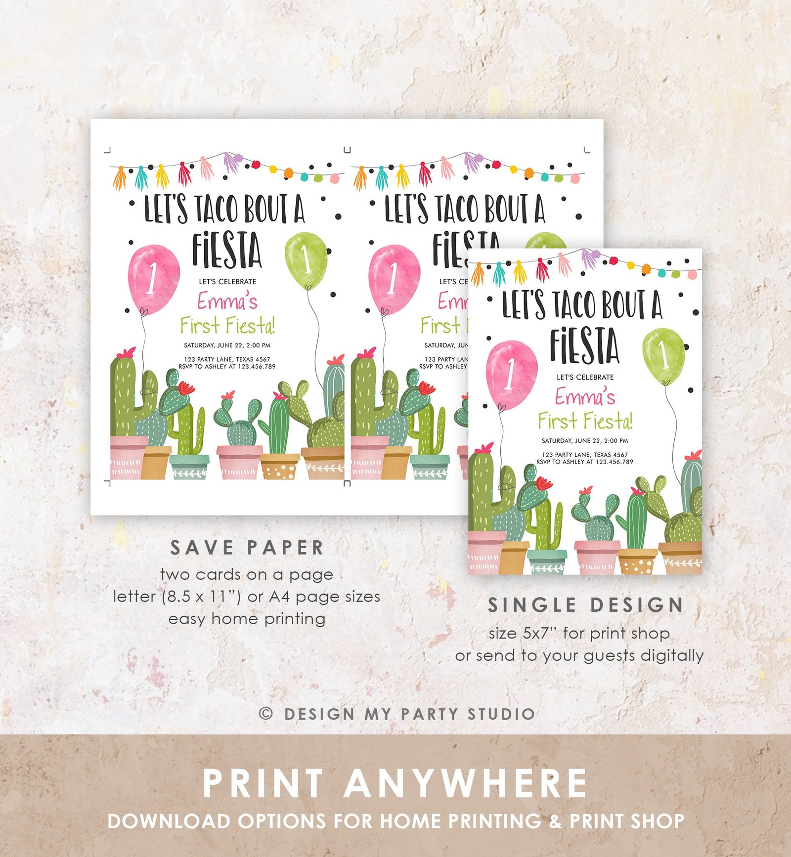 Editable Taco Bout a Fiesta Birthday Invitation ANY AGE Cactus Succulent 1st First Birthday Party Girl Pink Digital Template Printable 0254