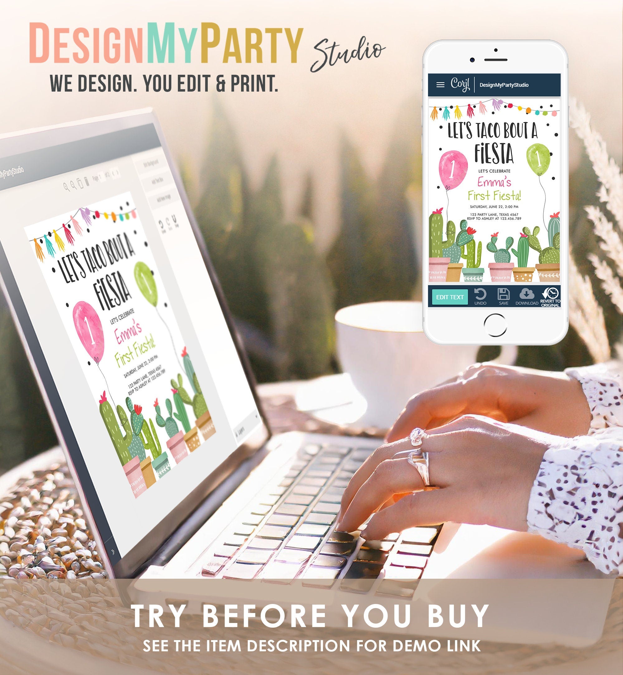 Editable Taco Bout a Fiesta Birthday Invitation ANY AGE Cactus Succulent 1st First Birthday Party Girl Pink Digital Template Printable 0254