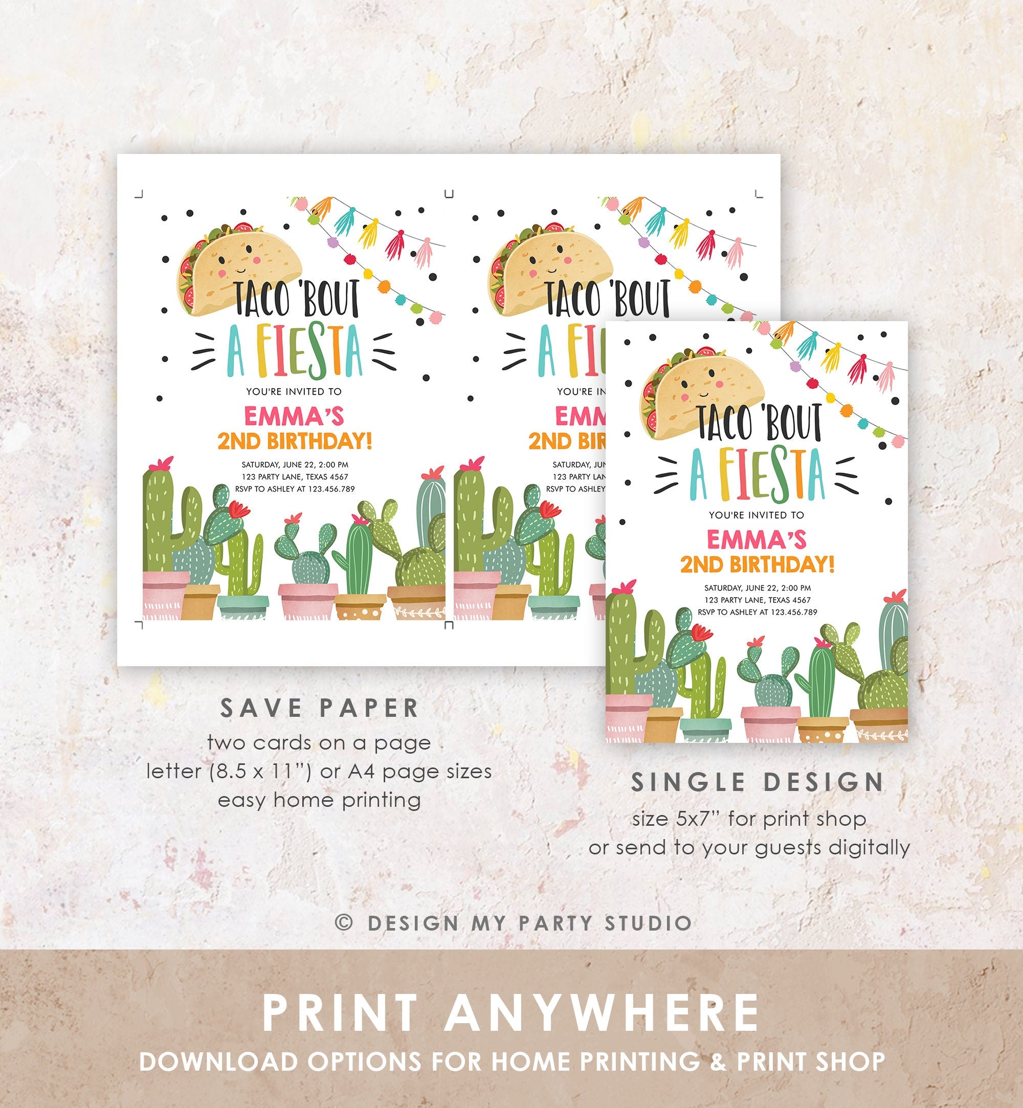 Editable Taco Bout a Fiesta Birthday Invitation Girl Pink Cactus Party Mexican Cinco de Mayo Digital Download Template Printable 0254