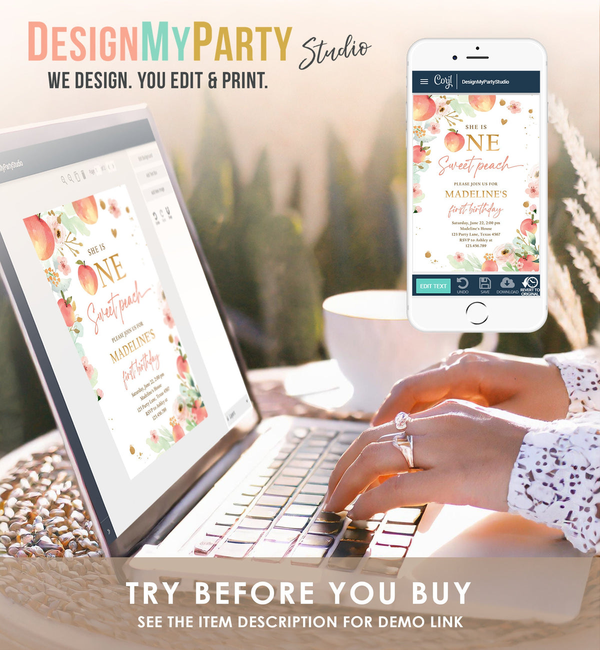 Editable One Sweet Peach First Birthday Invitation 1st Birthday Sweet Peach Girl Boho Peaches Digital Download Evite Template Printable 0401