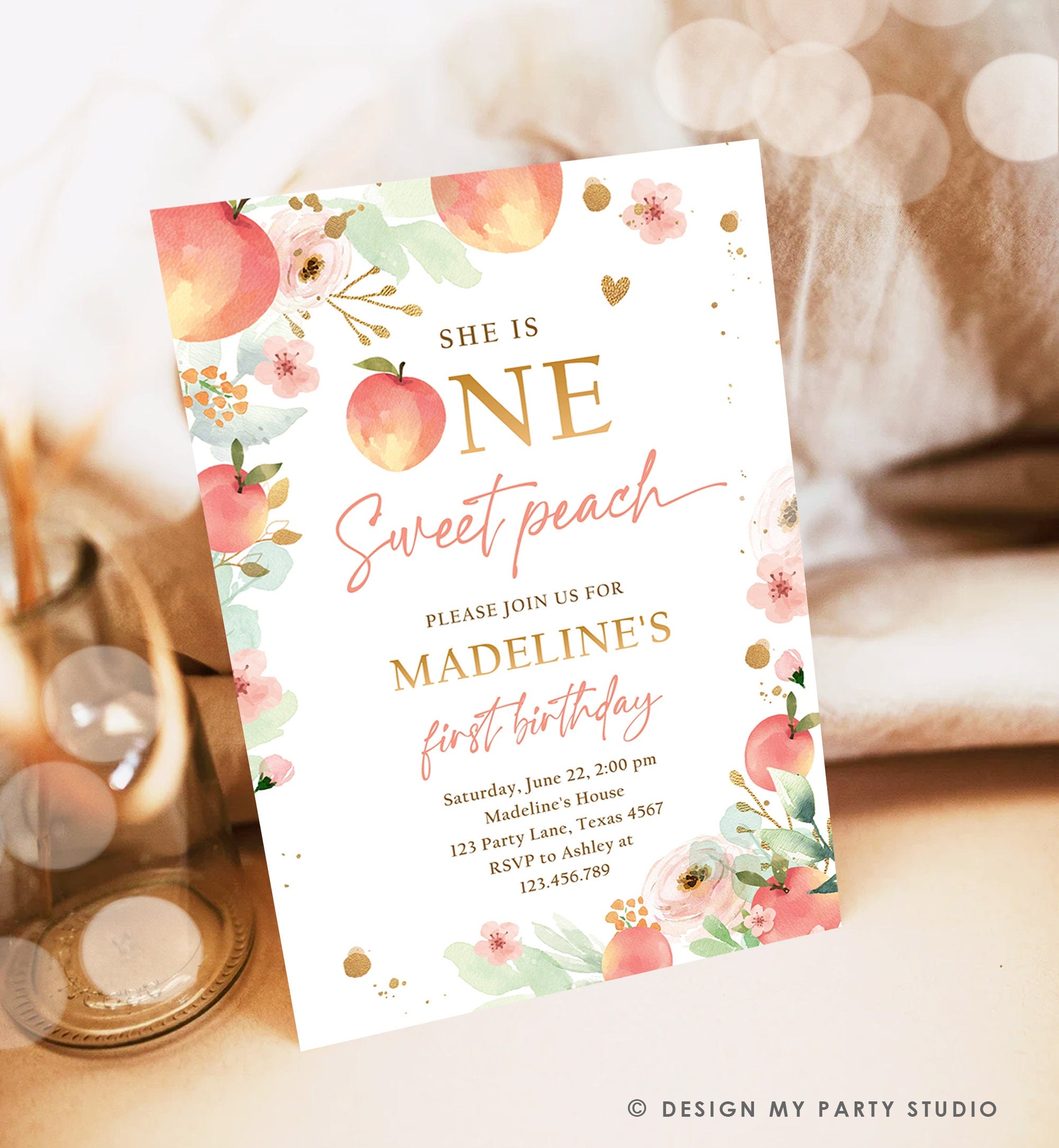 Editable One Sweet Peach First Birthday Invitation 1st Birthday Sweet Peach Girl Boho Peaches Digital Download Evite Template Printable 0401
