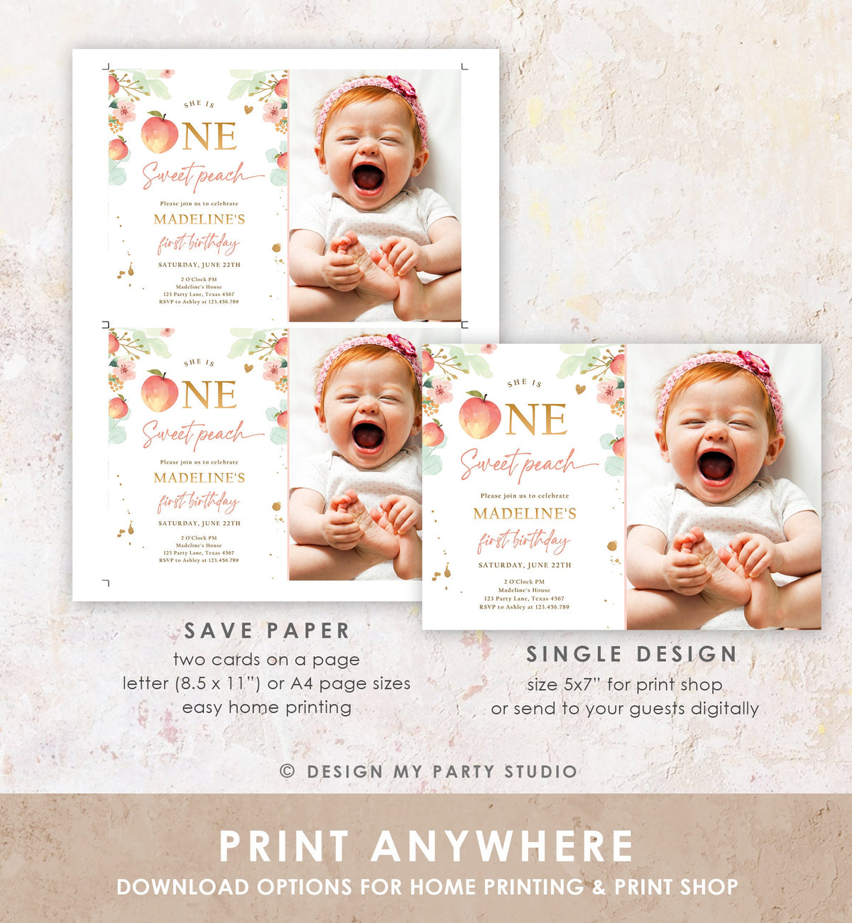 Editable One Sweet Peach First Birthday Invitation 1st Birthday Sweet Peach Girl Boho Peaches Digital Download Evite Template Printable 0401