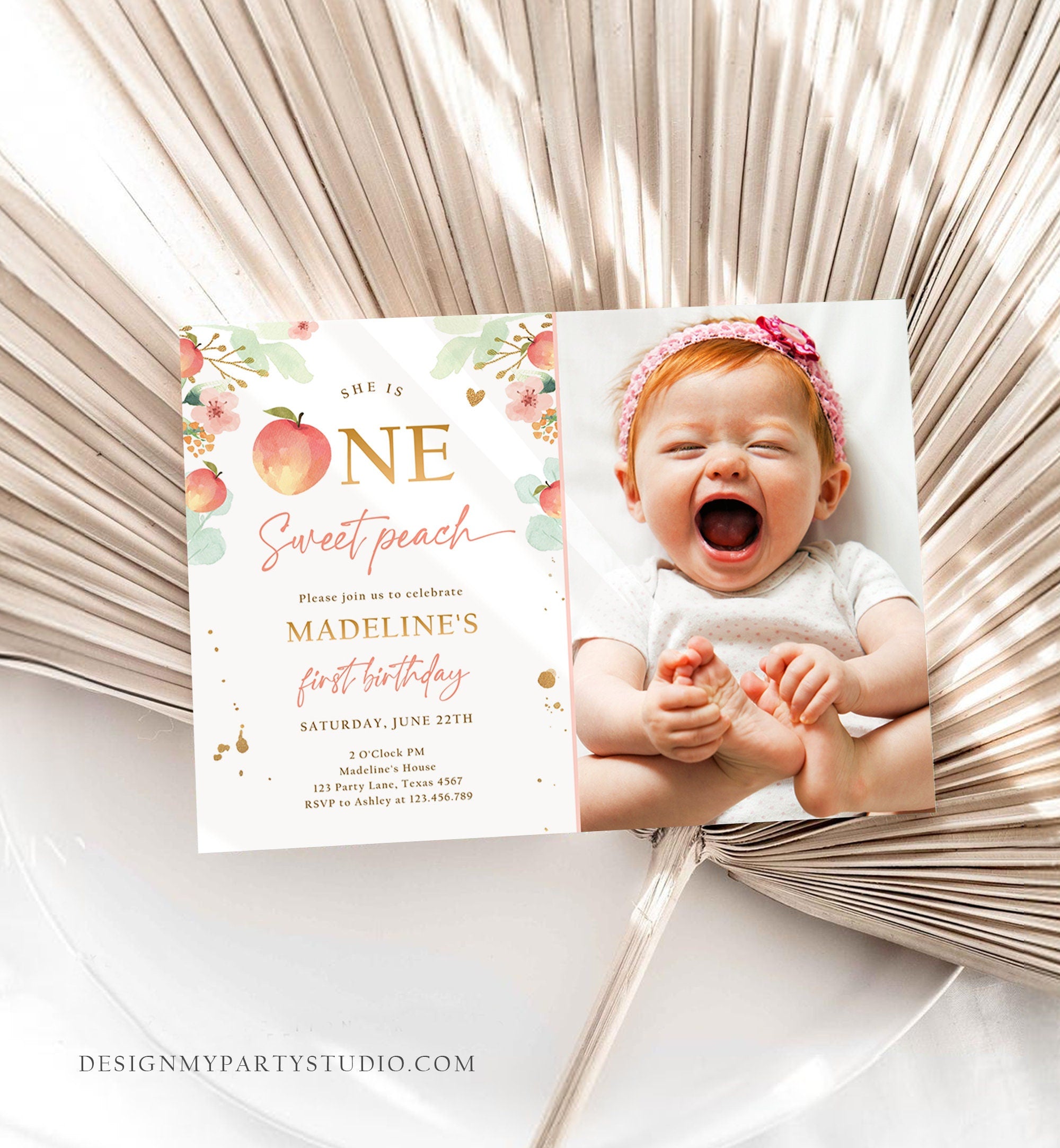 Editable One Sweet Peach First Birthday Invitation 1st Birthday Sweet Peach Girl Boho Peaches Digital Download Evite Template Printable 0401