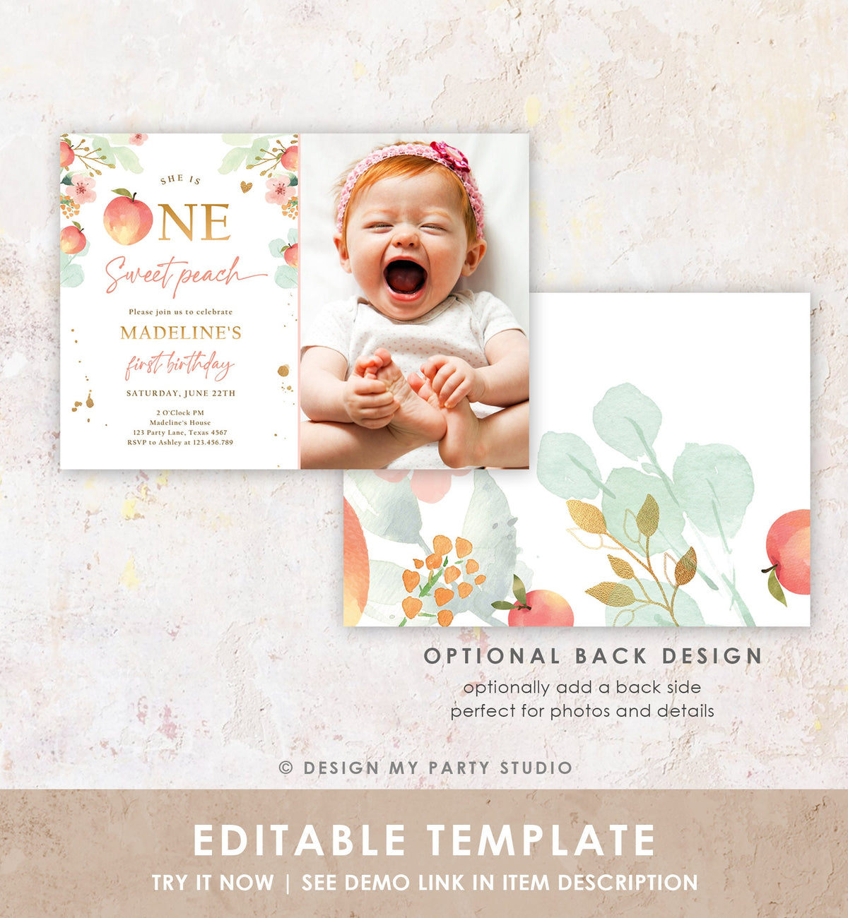 Editable One Sweet Peach First Birthday Invitation 1st Birthday Sweet Peach Girl Boho Peaches Digital Download Evite Template Printable 0401