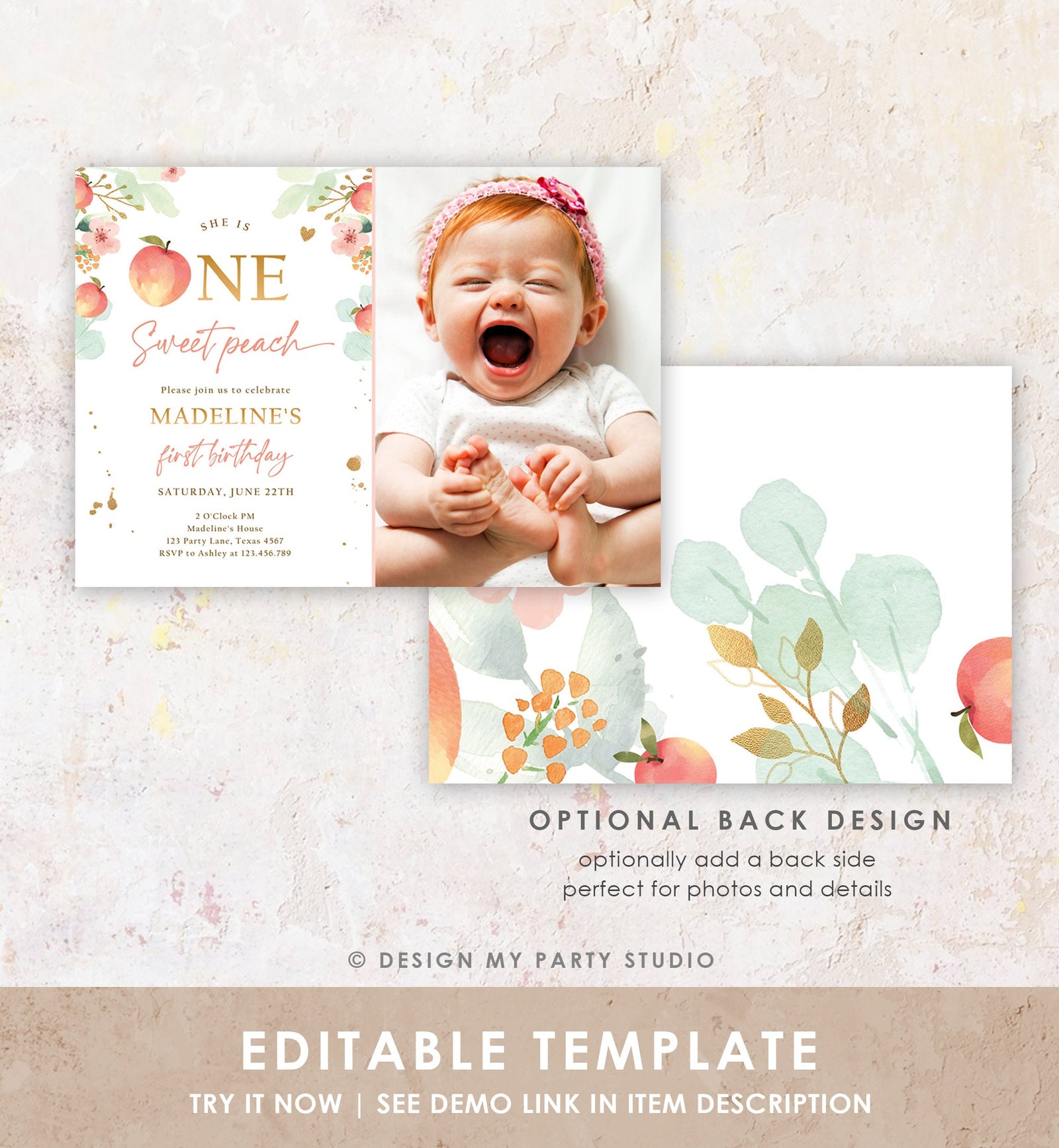 Editable One Sweet Peach First Birthday Invitation 1st Birthday Sweet Peach Girl Boho Peaches Digital Download Evite Template Printable 0401