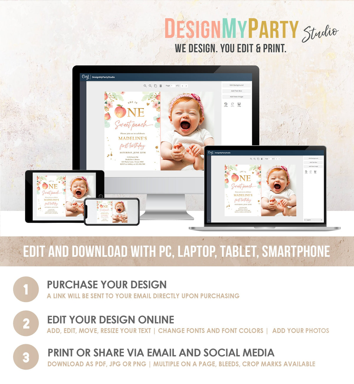 Editable One Sweet Peach First Birthday Invitation 1st Birthday Sweet Peach Girl Boho Peaches Digital Download Evite Template Printable 0401