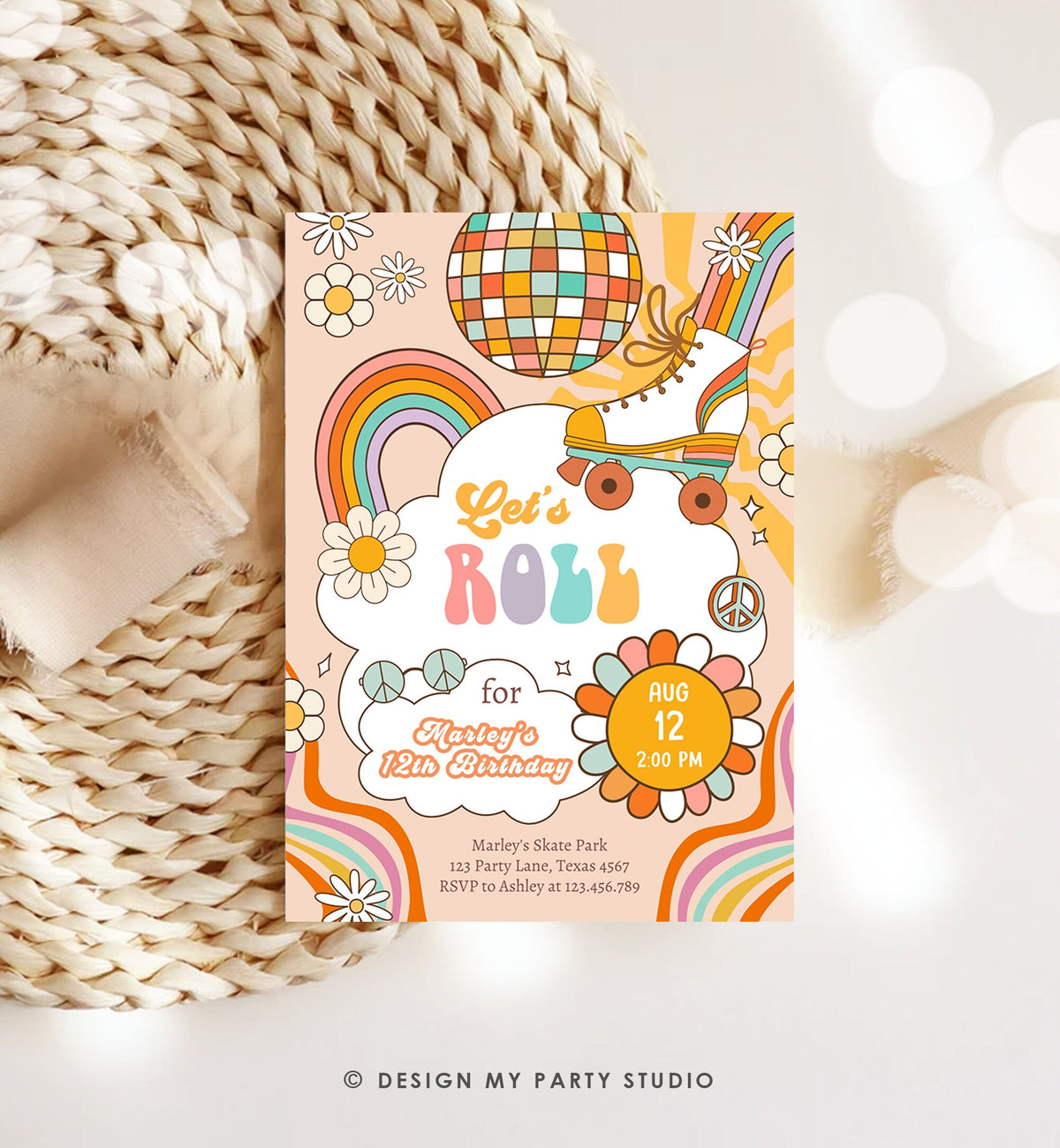 Editable Retro Roller Skate Birthday Party Invitation Let&#39;s Roll Skating Kids Rainbow 70&#39;s Skate Invite Download Template Corjl Digital 0459