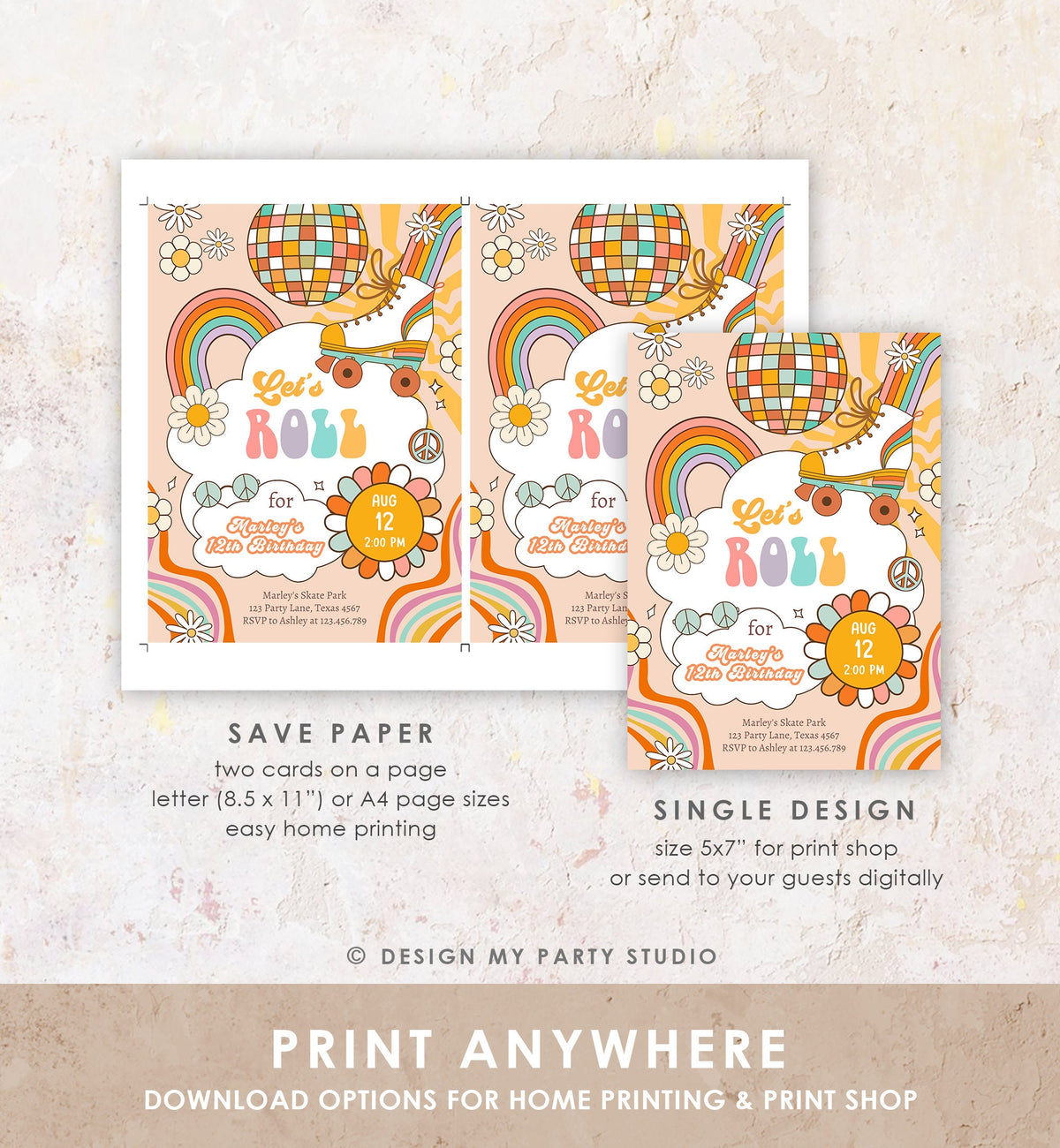 Editable Retro Roller Skate Birthday Party Invitation Let&#39;s Roll Skating Kids Rainbow 70&#39;s Skate Invite Download Template Corjl Digital 0459