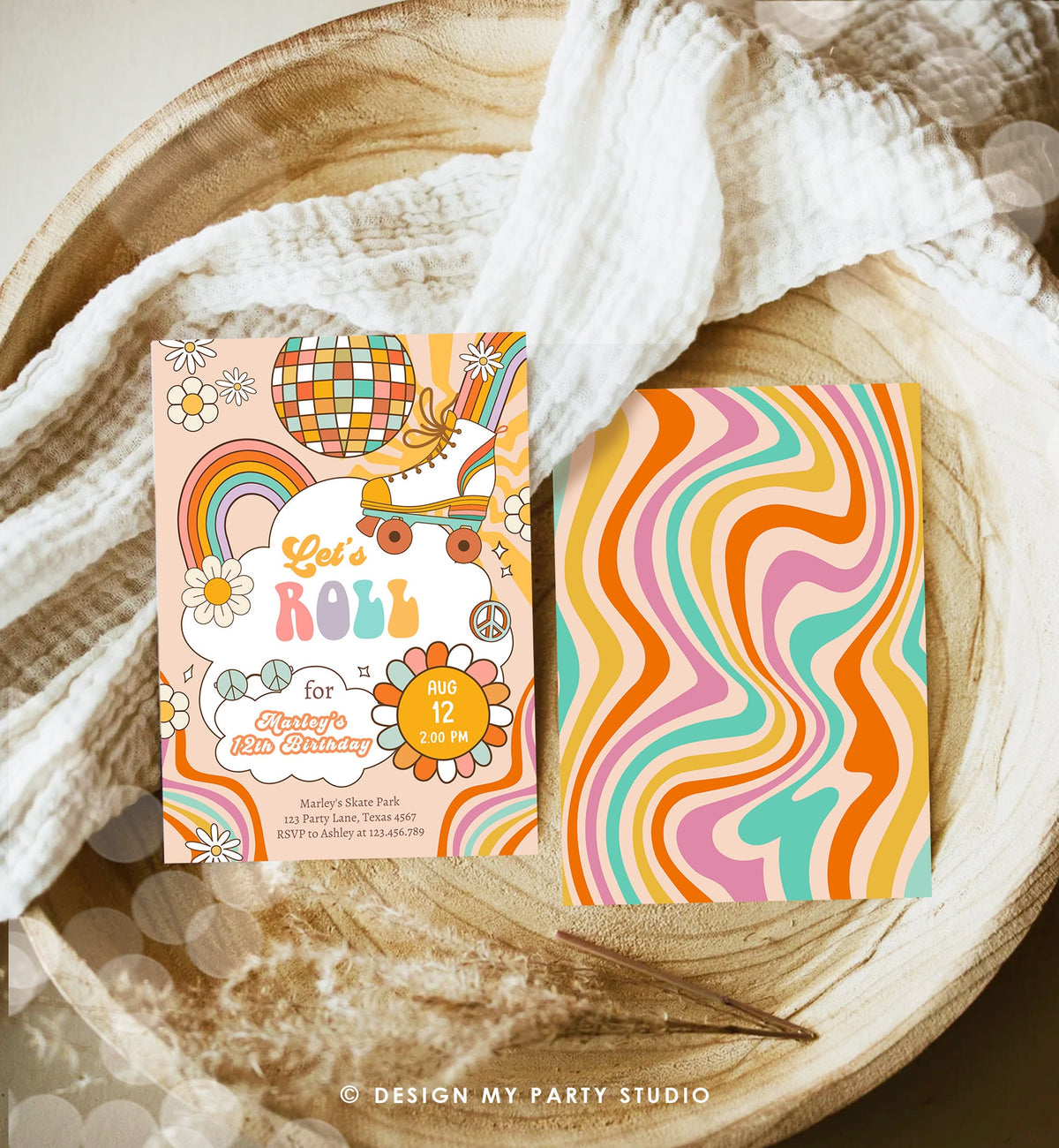 Editable Retro Roller Skate Birthday Party Invitation Let&#39;s Roll Skating Kids Rainbow 70&#39;s Skate Invite Download Template Corjl Digital 0459