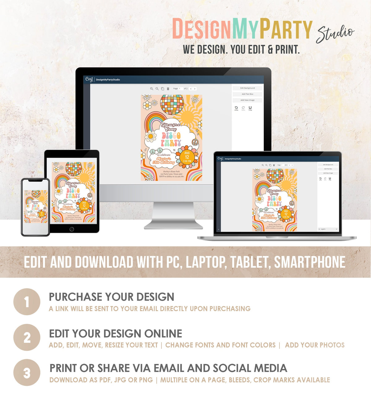 Editable Groovy Birthday Party Invitation Disco Party Birthday Hippie Boho Retro Flower Power 70&#39;s Girl Digital Template Printable 0459