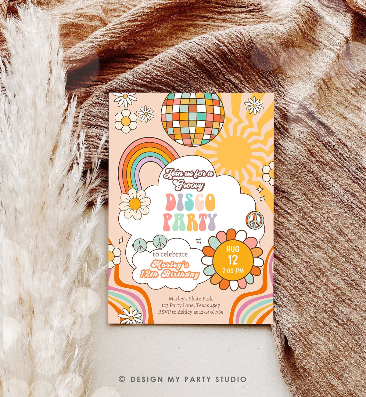 Editable Groovy Birthday Party Invitation Disco Party Birthday Hippie Boho Retro Flower Power 70&#39;s Girl Digital Template Printable 0459