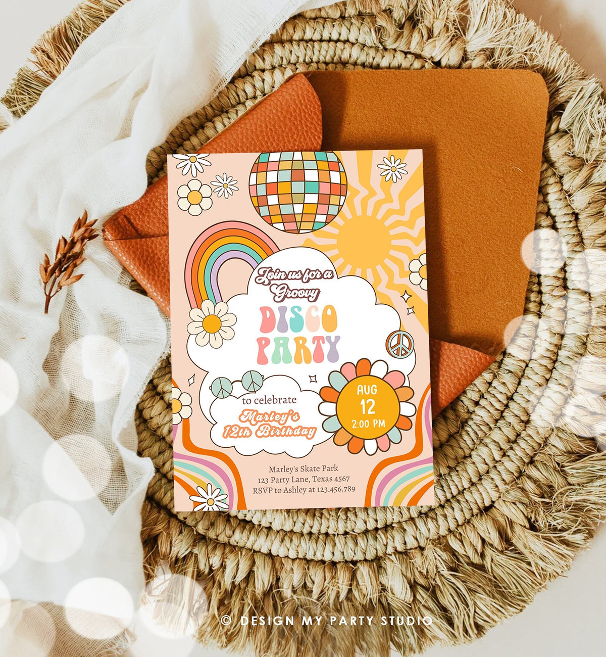 Editable Groovy Birthday Party Invitation Disco Party Birthday Hippie Boho Retro Flower Power 70&#39;s Girl Digital Template Printable 0459