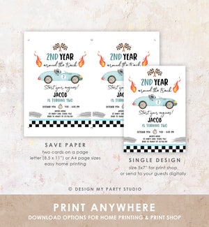 Editable 2nd Year Around the Track Birthday Invitation Boy Blue Two Fast Party Race Car Second Birthday Racing Corjl Template Printable 0424