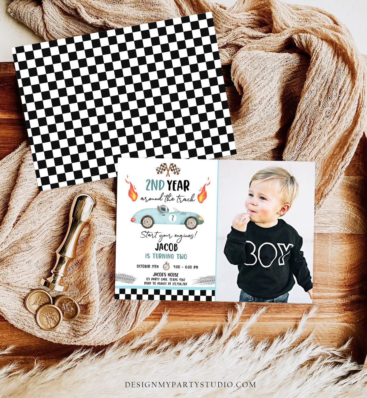 Editable 2nd Year Around the Track Birthday Invitation Boy Blue Two Fast Party Race Car Second Birthday Racing Corjl Template Printable 0424