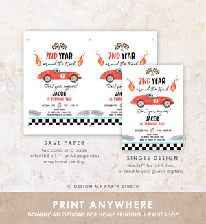 Editable 2nd Year Around the Track Birthday Invitation Boy Red Two Fast Party Race Car Second Birthday Racing Corjl Template Printable 0424
