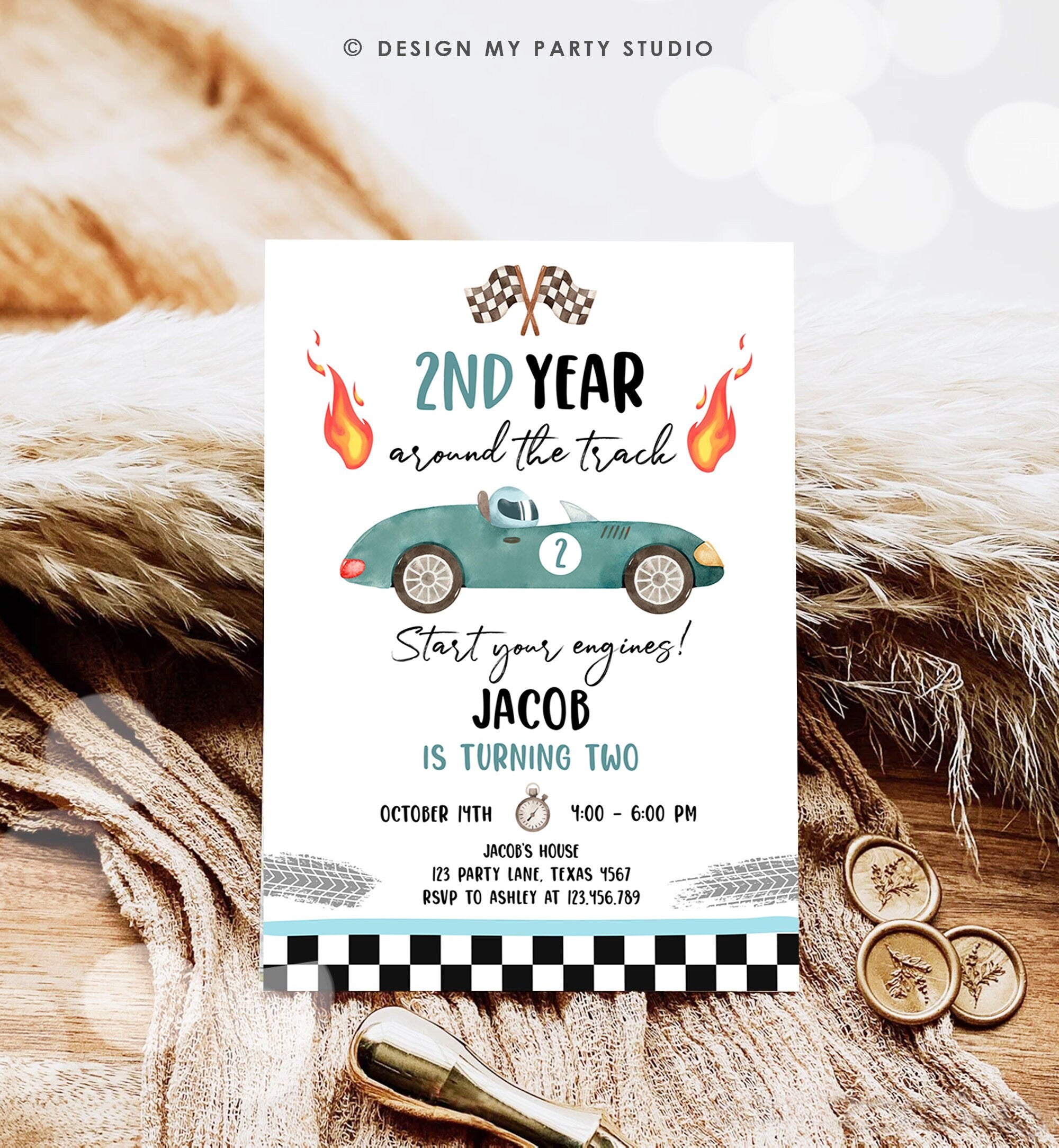 Editable 2nd Year Around the Track Birthday Invitation Boy Blue Green Two Fast Party Race Car Second Racing Corjl Template Printable 0424