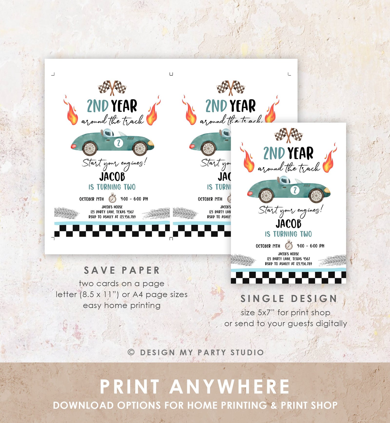 Editable 2nd Year Around the Track Birthday Invitation Boy Blue Green Two Fast Party Race Car Second Racing Digital Template Printable 0424