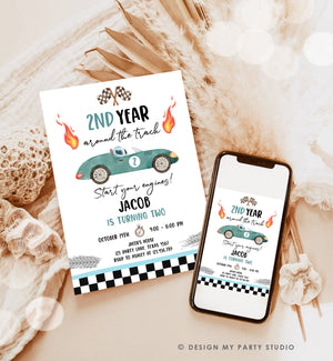 Editable 2nd Year Around the Track Birthday Invitation Boy Blue Green Two Fast Party Race Car Second Racing Corjl Template Printable 0424