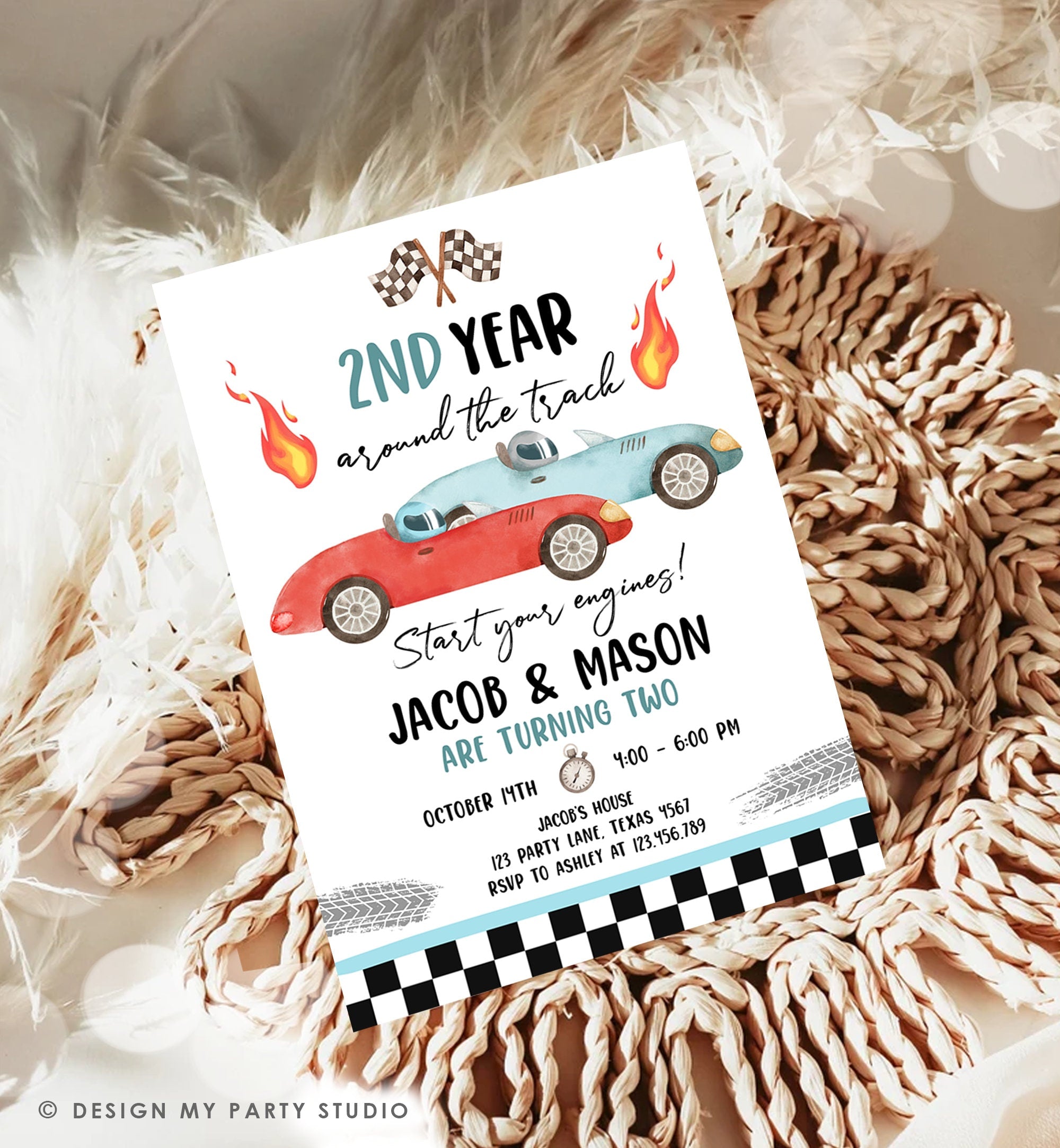 Editable 2nd Year Around the Track Birthday Invitation Blue Two Fast Twin Boys Race Car Second Birthday Racing Corjl Template Printable 0424