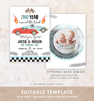 Editable 2nd Year Around the Track Birthday Invitation Blue Two Fast Twin Boys Race Car Second Birthday Racing Corjl Template Printable 0424