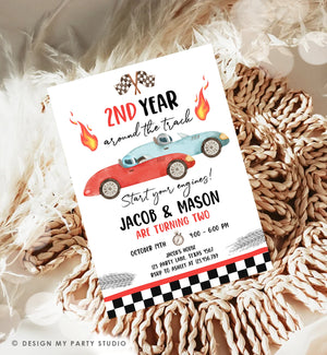 Editable 2nd Year Around the Track Birthday Invitation Twins Boys Red Two Fast Race Car Second Birthday Racing Corjl Template Printable 0424