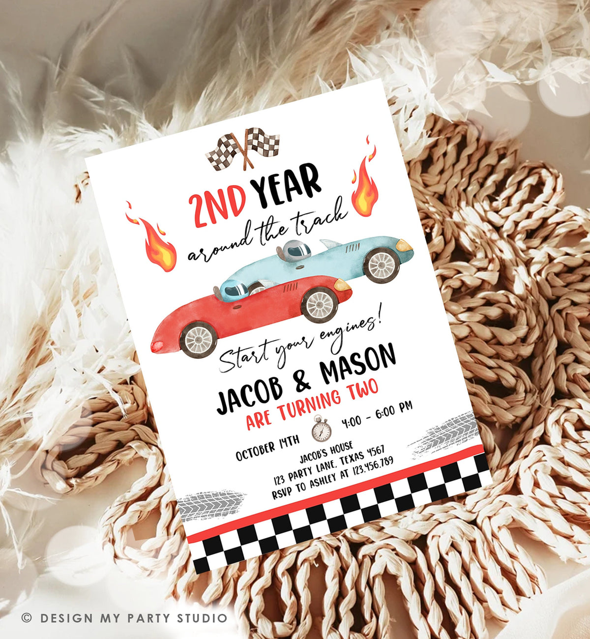Editable 2nd Year Around the Track Birthday Invitation Twins Boys Red Two Fast Race Car Second Racing Digital Template Printable 0424