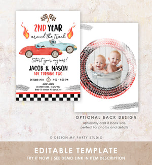 Editable 2nd Year Around the Track Birthday Invitation Twins Boys Red Two Fast Race Car Second Birthday Racing Corjl Template Printable 0424