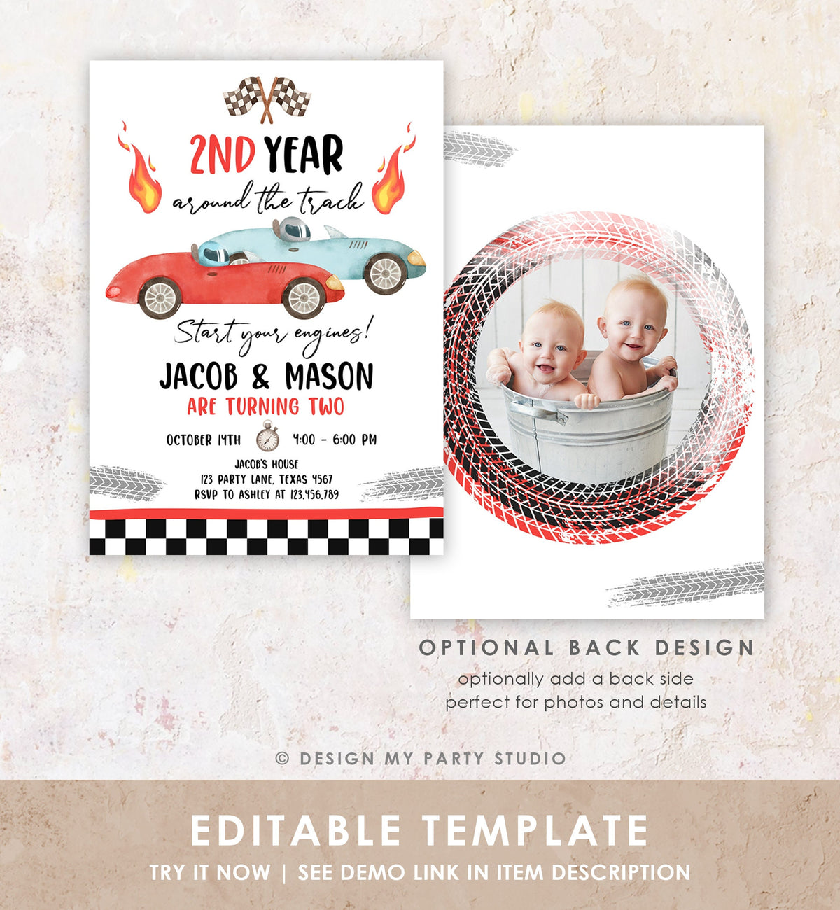 Editable 2nd Year Around the Track Birthday Invitation Twins Boys Red Two Fast Race Car Second Racing Digital Template Printable 0424