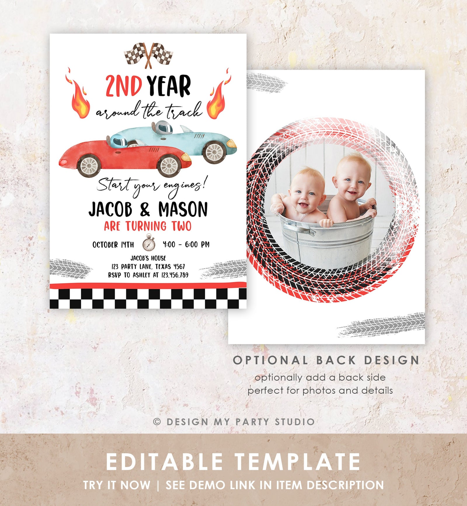 Editable 2nd Year Around the Track Birthday Invitation Twins Boys Red Two Fast Race Car Second Racing Digital Template Printable 0424