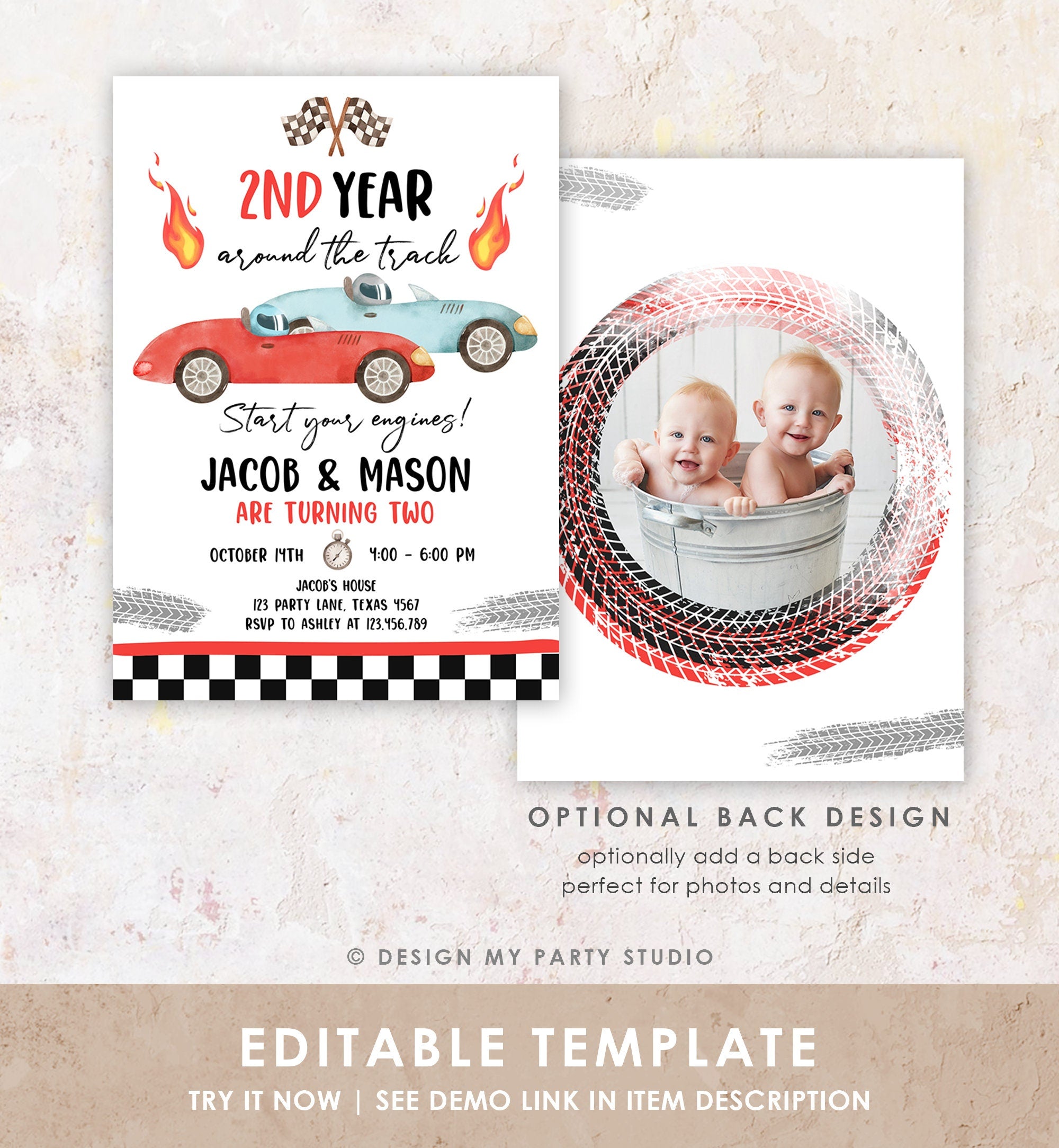 Editable 2nd Year Around the Track Birthday Invitation Twins Boys Red Two Fast Race Car Second Racing Digital Template Printable 0424