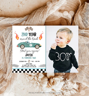 Editable 2nd Year Around the Track Birthday Invitation Boy Green Blue Two Fast Race Car Second Birthday Racing Corjl Template Printable 0424