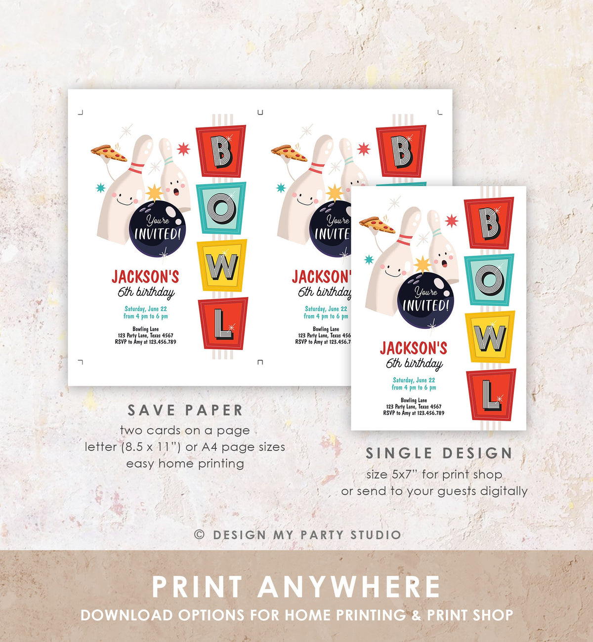 Editable Bowling Birthday Invitation Strike Up Some Fun Boy Girl Bowling Party Pizza Teen Retro Digital Download Template Printable 0505