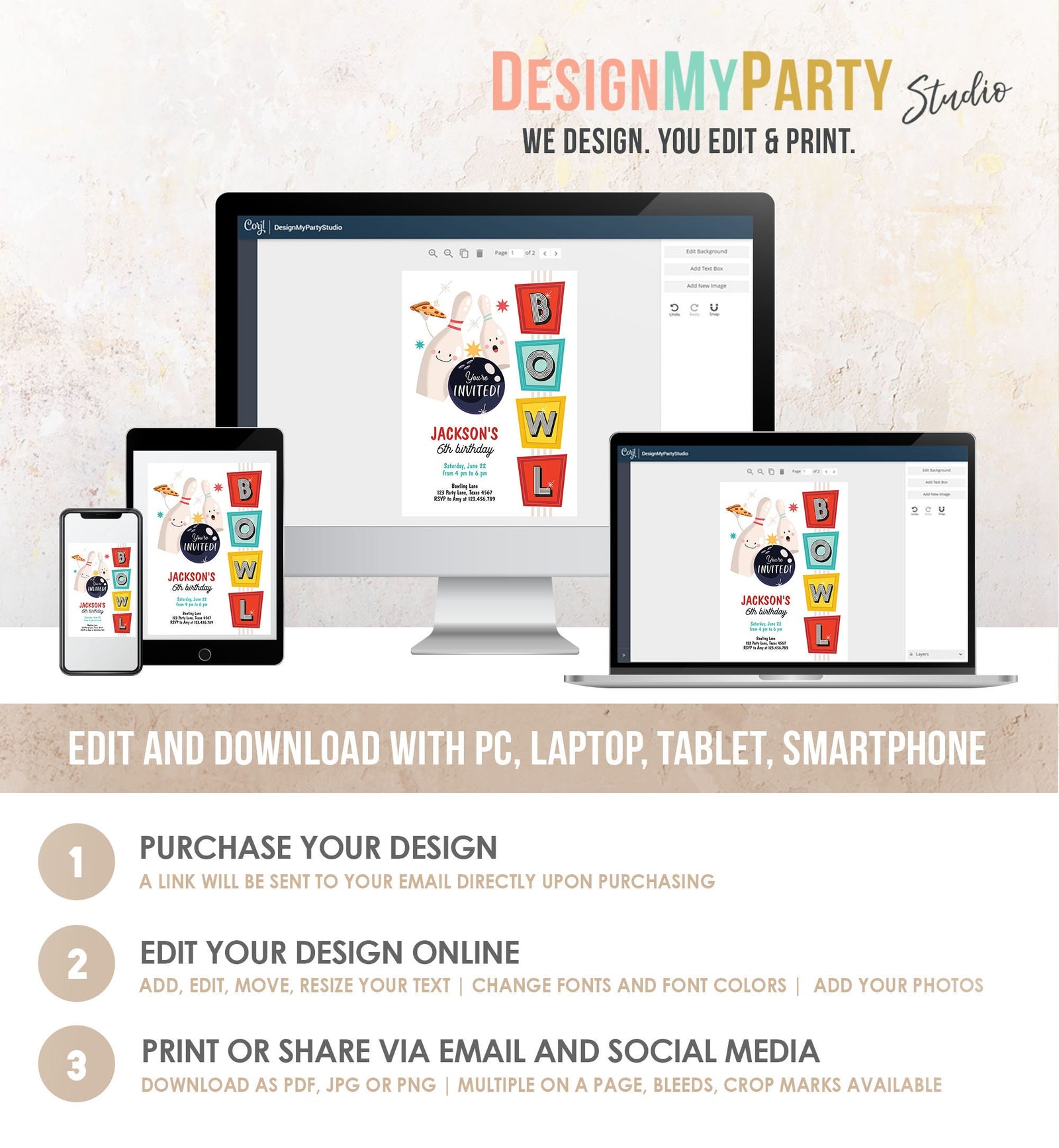 Editable Bowling Birthday Invitation Strike Up Some Fun Boy Girl Bowling Party Pizza Teen Retro Digital Download Template Printable 0505