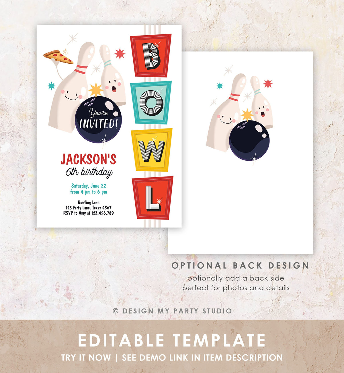 Editable Bowling Birthday Invitation Strike Up Some Fun Boy Girl Bowling Party Pizza Teen Retro Digital Download Template Printable 0505