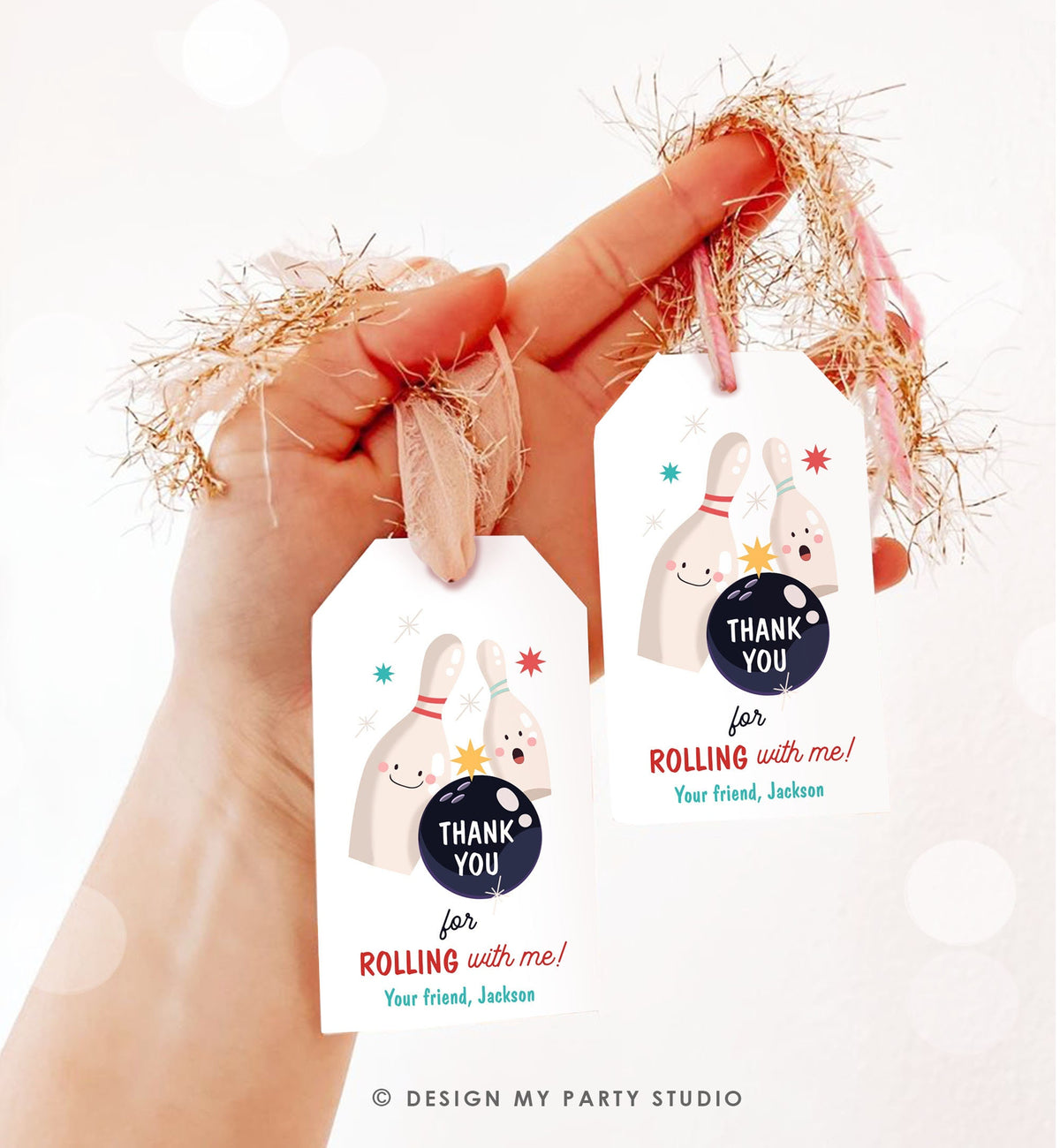 Editable Bowling Favor tags Bowling Party Boy Bowling Thank you tags Label tags Rolling With Me Labels Bowling Birthday Template Corjl 0505